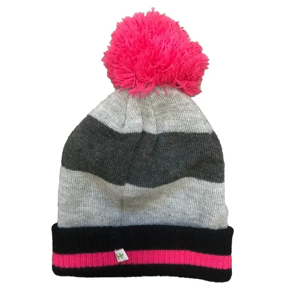 HOT PAWS Girls Knit Beanie Hat Gray Pink‎ PomPom S 4Y-6Y